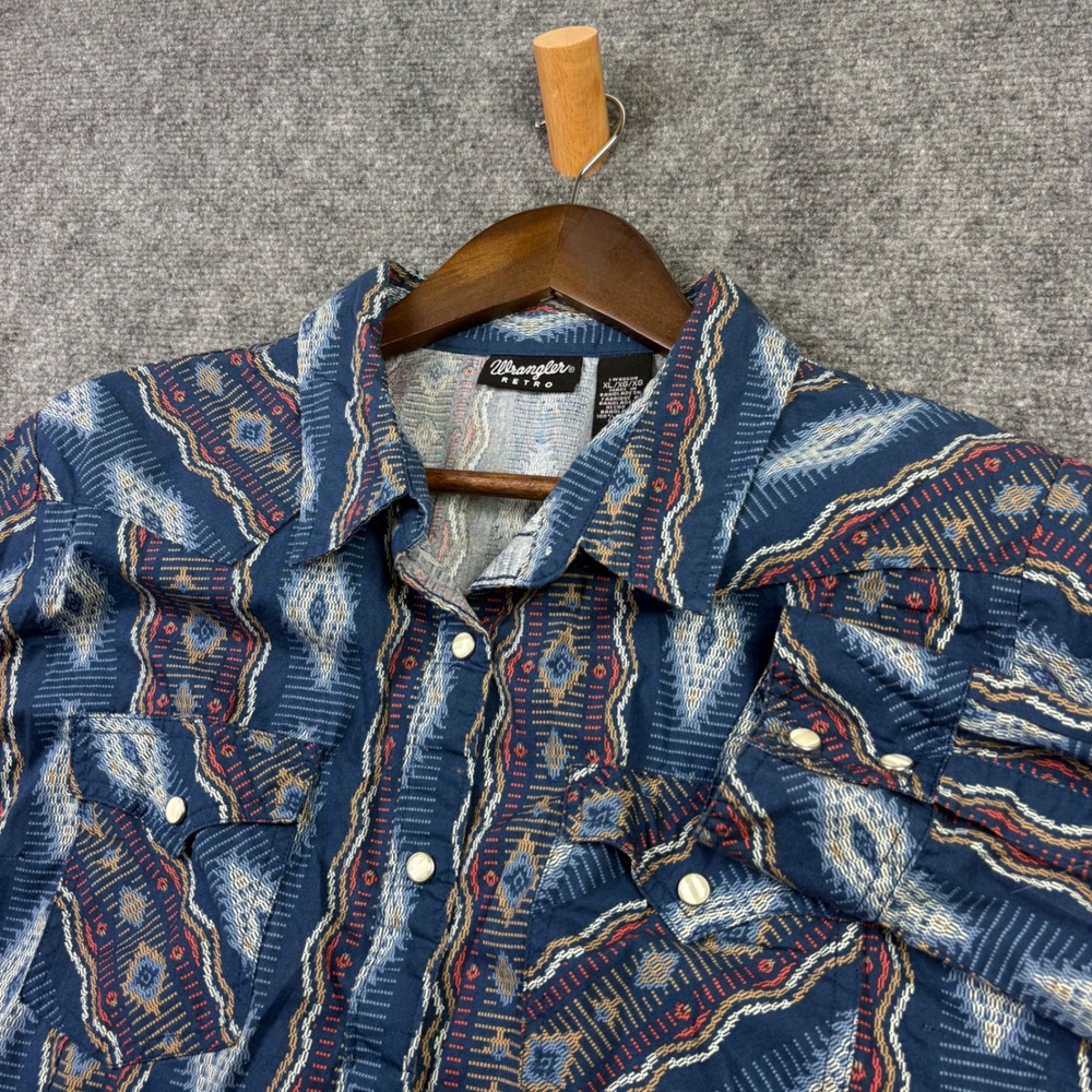 Wrangler Retro Western Shirt Womens XL Blue Geometric Ikat Snap LW8050B Cowboy